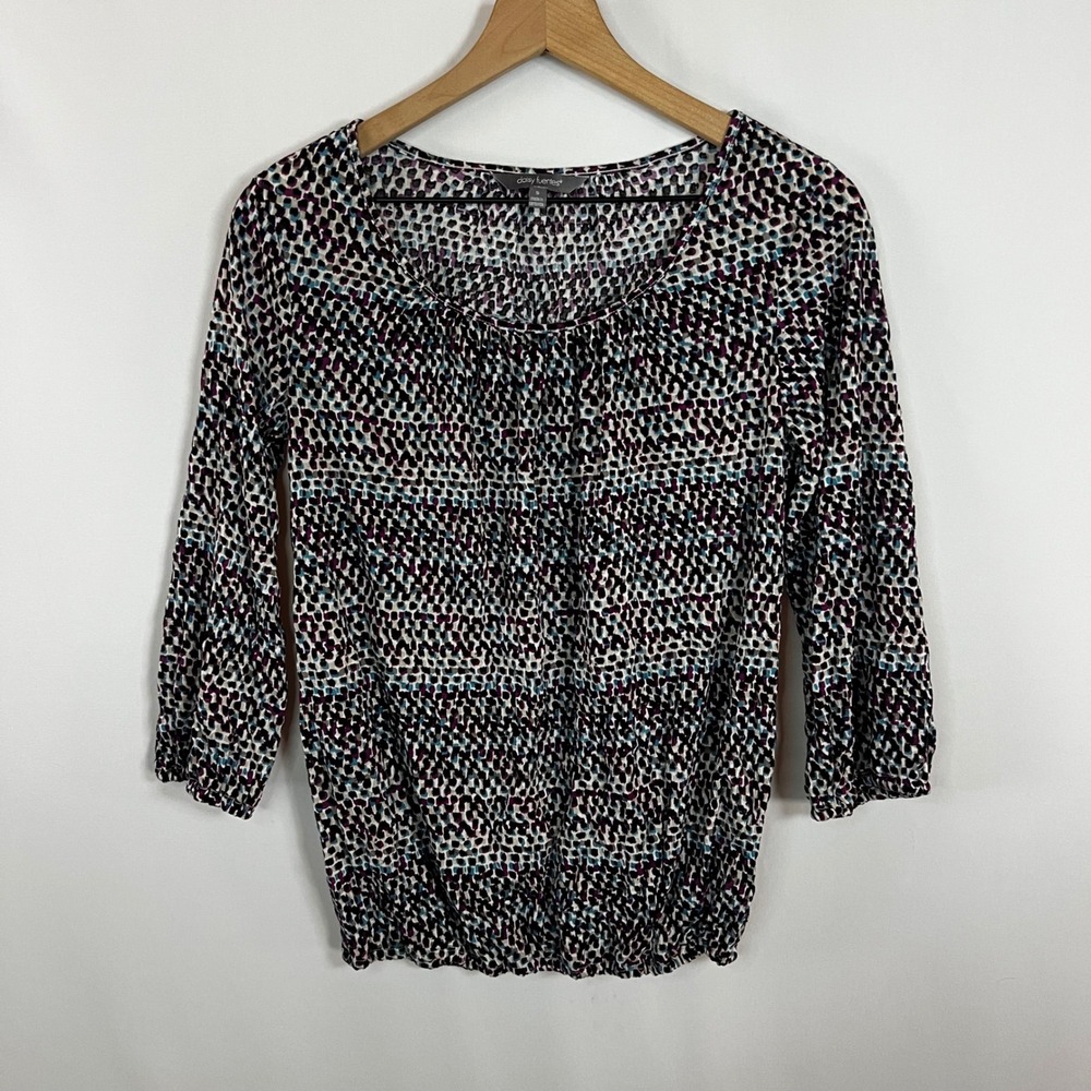 Daisy Fuentes Shirt Women Small Abstract Dot Pattern 3/4 Sleeve Smocked Blouse